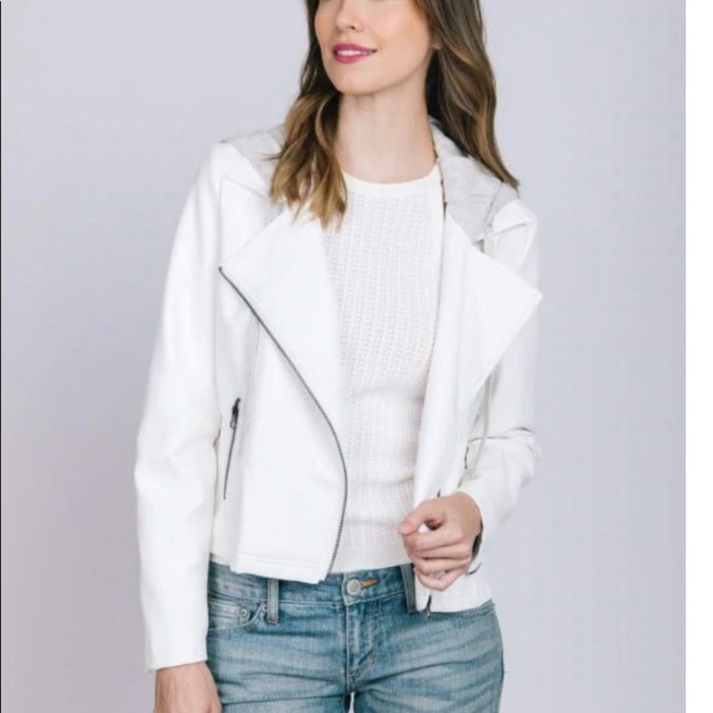 Jacket vegan leather moto style white with gray hood insert